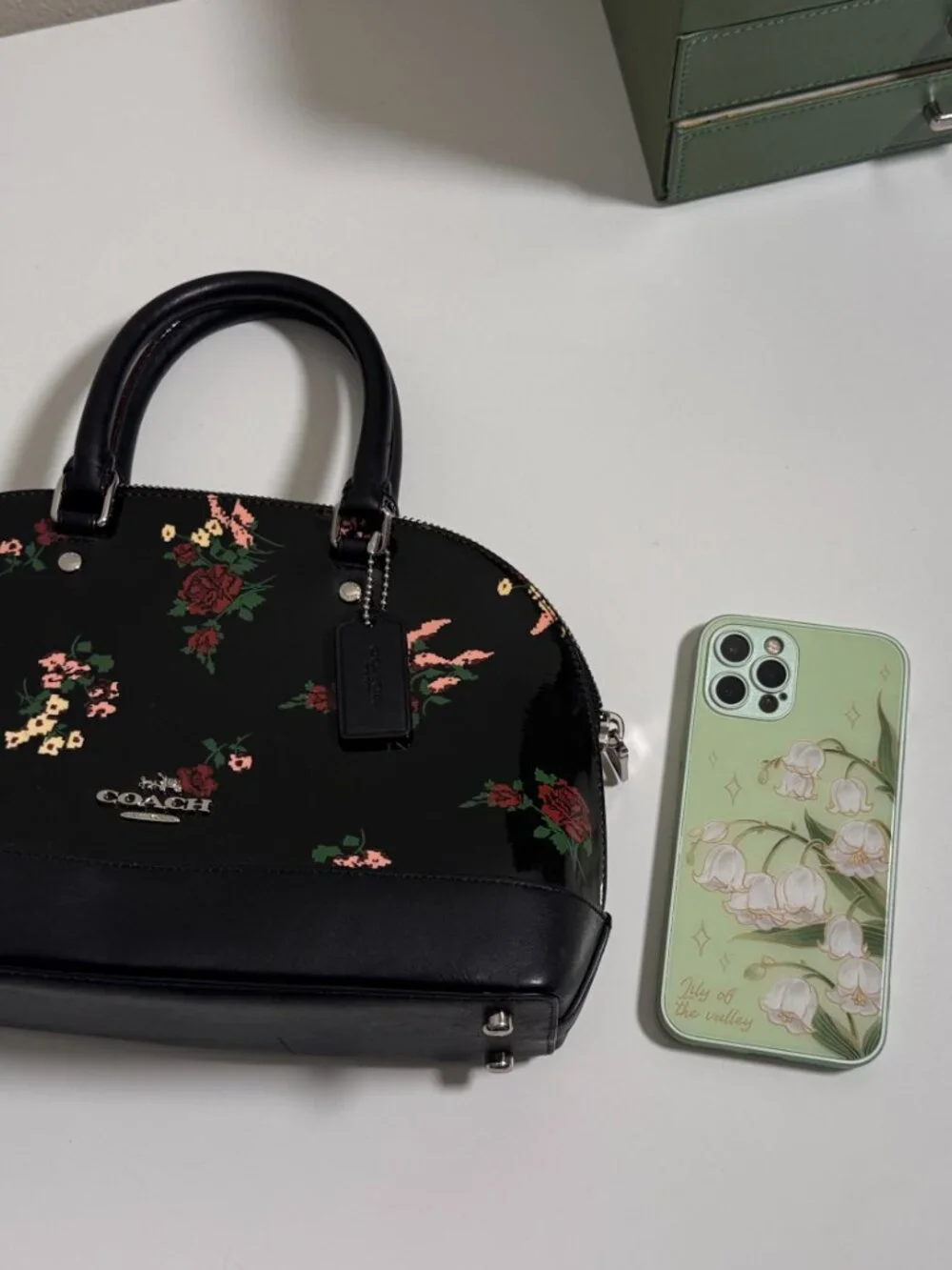 Coach Black Patent Floral Print Dome Satchel Handbag Shell Purse Top Handle